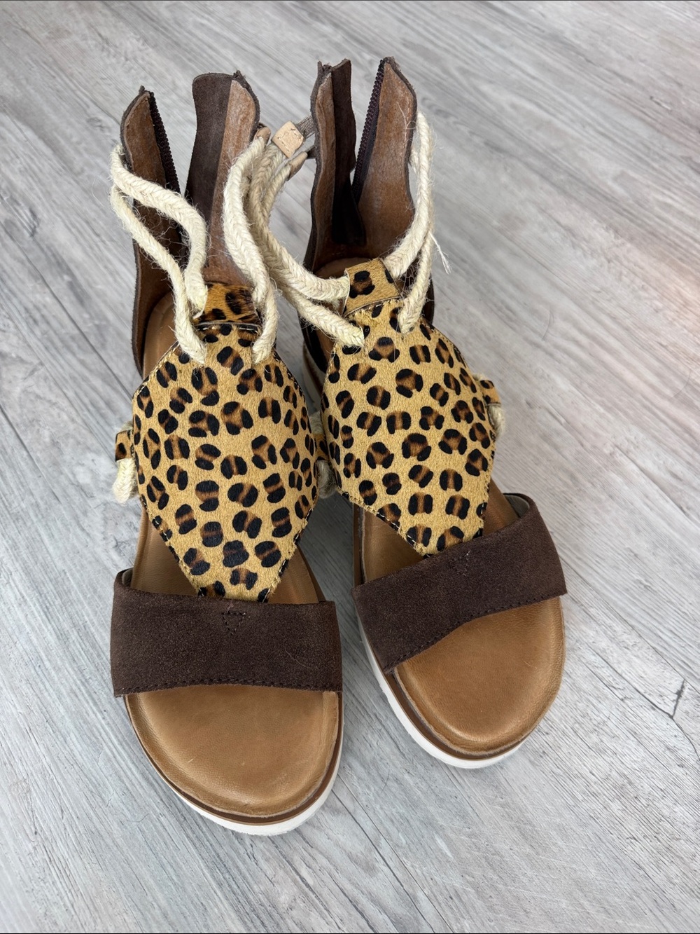 Leopard Print Rope Tie Sandals - Women's Brown